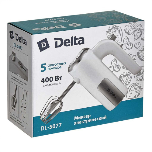 Миксер электрический 400Вт, 5 скоростей, "Турбо", 4 насадки, белый Delta DL-5077