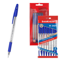 Ручка шариковая ErichKrause R-301 Stick & Grip Classic, синяя, 1мм 56617