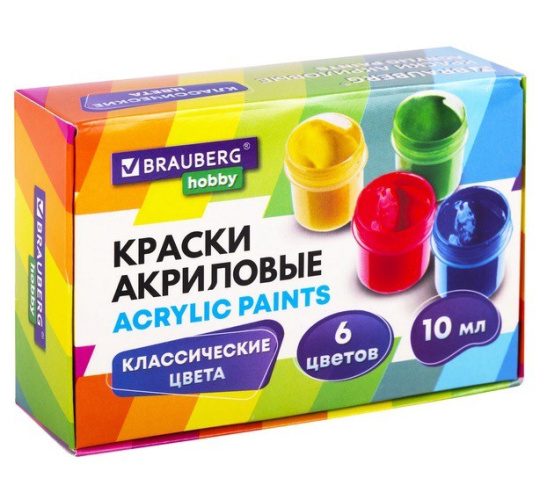 Краски акриловые  6 цветов Brauberg Hobby 10мл 192432