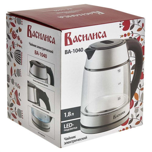 Чайник электрический 1,8л 1500Вт, стеклянный, диск, черный Василиса ВА-1040