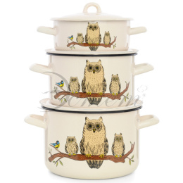 Эмаль набор посуды Эстет 3 предм. кастрюли цилиндрические с металл. крышками 1,45л, 2,9л, 4,3л Совы Эстет ЭТ-72895