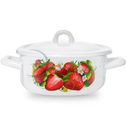 Кастрюля эмалированная  1,45л цилиндрическая с металл. крышкой с декором Клубника Эстет ЭТ-72691