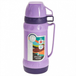 Термос  1,0л стеклянная колба узкое горло пластиковый корпус пластиковая ручка 2 крышки-кружки, лавандовый Alpenkok AK-10037S