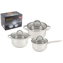 Набор посуды из нержавеющей стали  6 предм. кастрюли 2,6л 3,6л + ковш 1,9л, стеклянные крышки, Mediano-Set-6 Mallony 981056