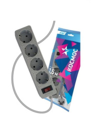 Фильтр сетевой 4 розетки  1,5м 10А с заземлением, ПВС 3 х 0,75, 2200Вт, серый Космос FKsm1.5m-4g(G)