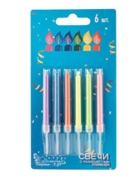Свеча для торта набор  6шт. цветное пламя, микс цветов Волшебная страна 106827