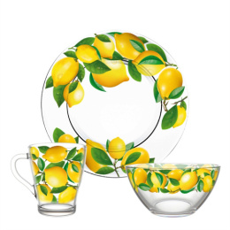 Набор для завтрака стеклянный 3 предмета (тарелка, салатник, кружка) Лимоны, в п/у Декостек 1220-Д