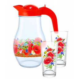 Набор стеклянный  3 предмета (кувшин + 2 стакана) Маковое поле, в п/у Декостек 1607/2-Д