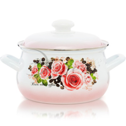 Кастрюля эмалированная Розы и кофе 3,0л грушевидная с металл. крышкой Эстет ЭТ-71602