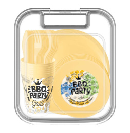 Набор посуды для пикника пластиковый на 6 персон, 37 предметов с декором, бледно-желтый Homver 221142004/01