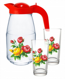 Набор стеклянный  3 предмета (кувшин + 2 стакана) Роза, в п/у Декостек 1607/2-Д