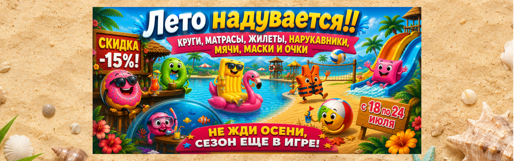 Лето надувается: круги, матрасы, жилеты, нарукавники, мячи, маски и очки