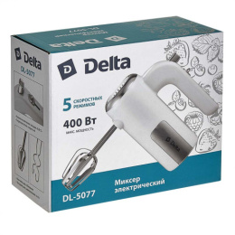 Миксер электрический 400Вт, 5 скоростей, "Турбо", 4 насадки, белый Delta DL-5077