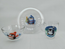 Набор для завтрака стеклянный 3 предмета (тарелка 200мм, салатник 450мл, кружка 250мл) Пингвины, в ассортименте, в п/у Gid Glass D1888/1+D1542/1+D1649/1