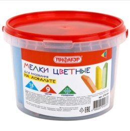 Мелки цветные  9 цветов 18шт. Пифагор, утолщенные квадратные, в пластиковом ведре, для асфальта 274124