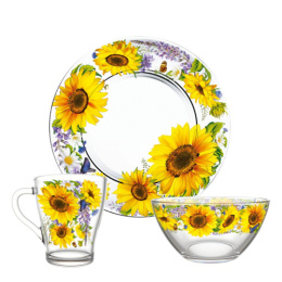Набор для завтрака стеклянный 3 предмета (тарелка, салатник, кружка) Подсолнухи, в п/у Декостек 1220-Д