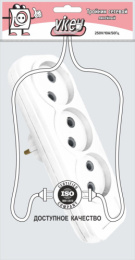 Тройник сетевой ТС-3-ТСД-3 10А, линейный, без заземления, белый, в инд. упаковке Викей