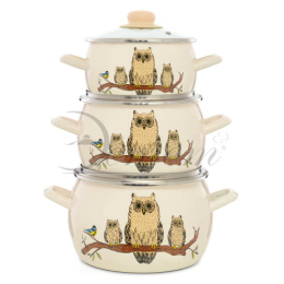 Эмаль набор посуды Эстет 3 предм. кастрюли сферические со стеклян. крышками 2л, 3,5л, 5л Совы Эстет ЭТ-72898