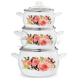 Эмаль набор посуды Эстет 3 предм. кастрюли сферические со стеклян. крышками 2л, 3,5л, 5л Розы и кофе Эстет ЭТ-71614