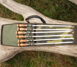 Шампуры из нержавеющей стали набор 6шт. 58см (лезвие 40см) прямые с деревянной ручкой Шар малый, в колчане 2 культуры 2К-404