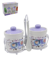 Банки для сыпучих керамические (доломит) набор 2шт. 240мл на металл. подставке Сиреневый букет, в п/у Lavenir HC500-P85