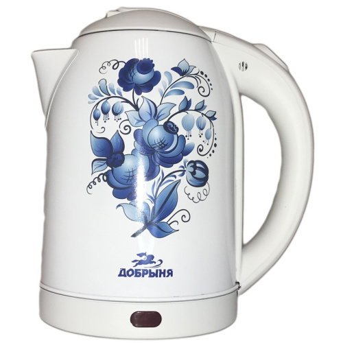 Чайник электрический 2,0л 2000Вт, нержавеющая сталь, диск, цветы на белом Добрыня DO-1214