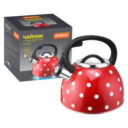Чайник из нержавеющей стали со свистком 2,5л черная ручка, Maestria, красный в белый горошек Mallony 005176