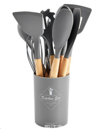 Набор кухонных принадлежностей силиконовый 12 предм. на подставке, деревянные ручки, темно-серый KNA-139/732676