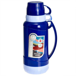 Термос  1,8л стеклянная колба узкое горло пластиковый корпус пластиковая ручка 2 крышки-кружки, синий Alpenkok AK-10105S