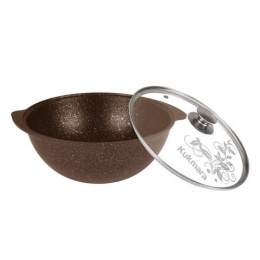 Казан алюминиевый литой с антиприг. мраморным покрытием 3,5л со стеклян. крышкой с металл. ручками, для плова, кофейный мрамор Kukmara кмк37а