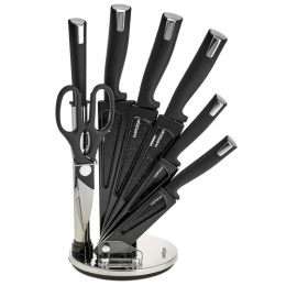 Набор ножей  8 предм. 5 ножей с антибактериальным покрытием с прорезиненными ручками + ножницы + точилка + акриловая подставка Webber BE-2272N