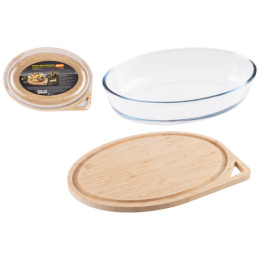 Форма для запекания стеклянная жаропрочная овальная с бамбуковой крышкой 3 в 1 Cristallino 32x23x7см 2,4л Mallony 108342