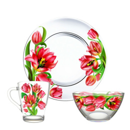 Набор для завтрака стеклянный 3 предмета (тарелка, салатник, кружка) Тюльпаны, в п/у Декостек 1220-Д