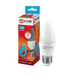 Лампа светодиодная  6Вт (эквивалент  60Вт) 230В E27 4000К белый (дневной) свет свеча In Home LED-C37-СВЕЧА-VC 0419