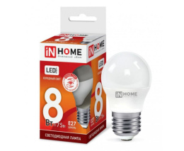 Лампа светодиодная  8Вт (эквивалент  75Вт) 230В E27 6500К холодный свет шар In Home LED-P45-ШАР-VC 4905