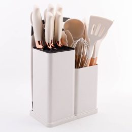 Набор ножей 19 предм. 5 ножей с пластик. ручками + кухонные принадлежности + разделочная доска + пластик. подставка, молочный 24-03-TM