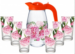 Набор стеклянный  7 предметов (кувшин + 6 стаканов) Пионы, в п/у Декостек 1607/6-Д