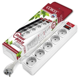 Фильтр сетевой 5 розеток  1,5м 10А с заземлением, ПВС 3 х 0,75, 2200Вт, белый Союз 1324