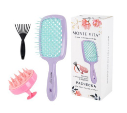 Расческа для волос Monte Vita массажная 20х8,5см, массажер и щетка для чистки в подарок, мятный с фиолетовым 457431